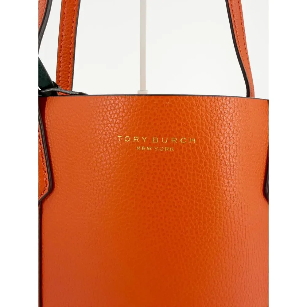 Tory Burch Perry Orange Pebbled Leather Triple Compartment Tote Shoulder Bag